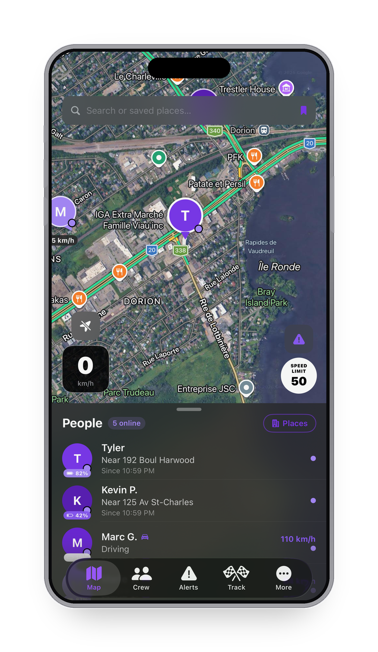 RADR Navigation app on iPhone showing a live map with crew member locations, current speed, posted speed limit, and a People list showing where each person is.